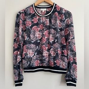 Belle Du‎ Jour Women’s Long Sleeve Bomber Style Top Shirt Blouse Floral Sm Sheer